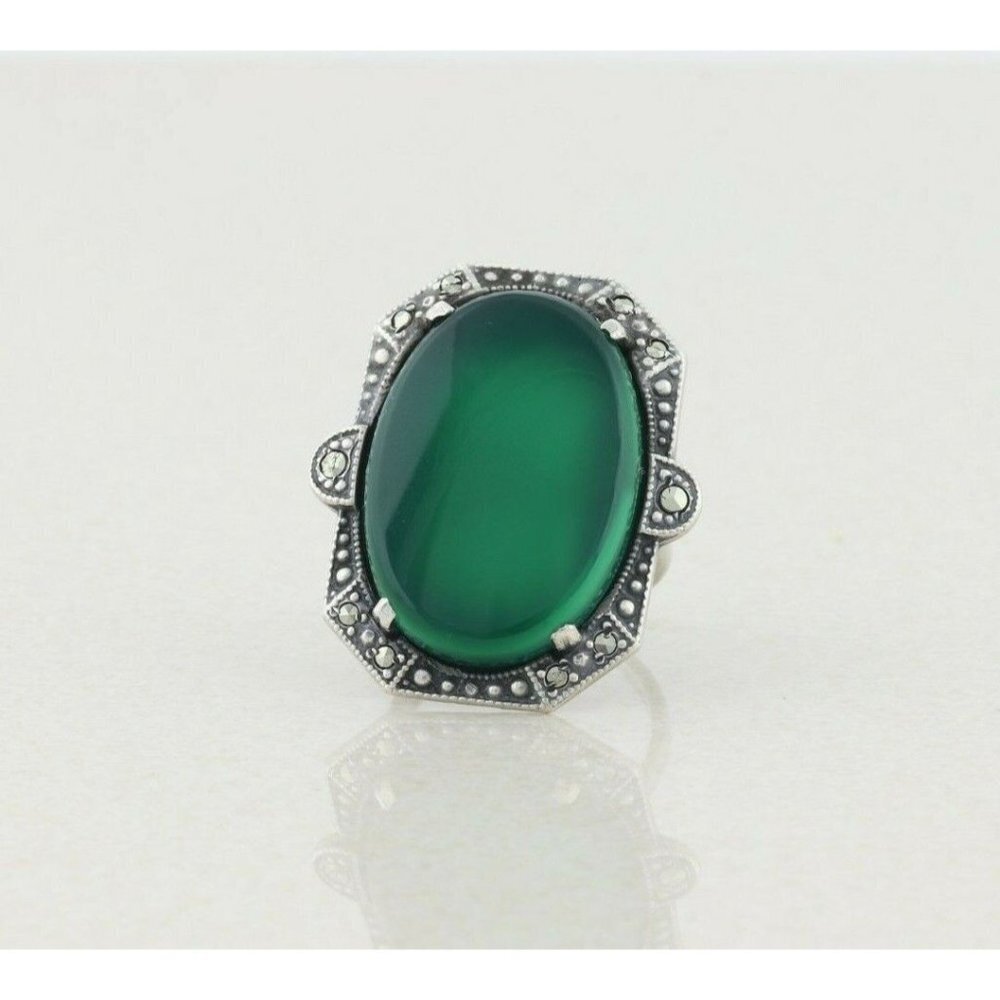 Sterling Silver Green Onyx and Marcasite Ring Art Deco Ring Size 5 - Picture 5 of 8